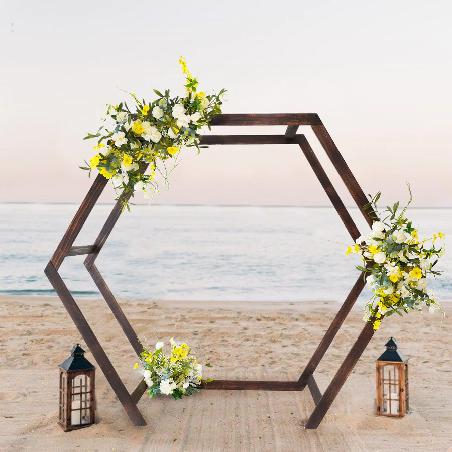 wooden hexagon wedding arch